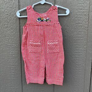 vintage baby boy size 0-3 months christmas red and white overall w/ pockets